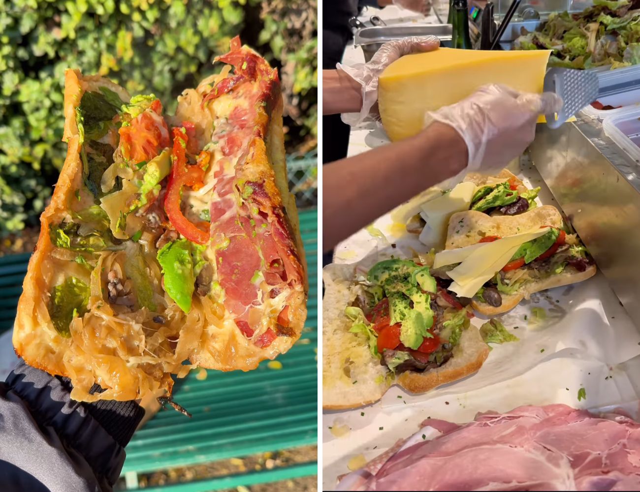 Il panino di Parigi mentre viene preparato (destra) e pronto per essere mangiato (sinistra).