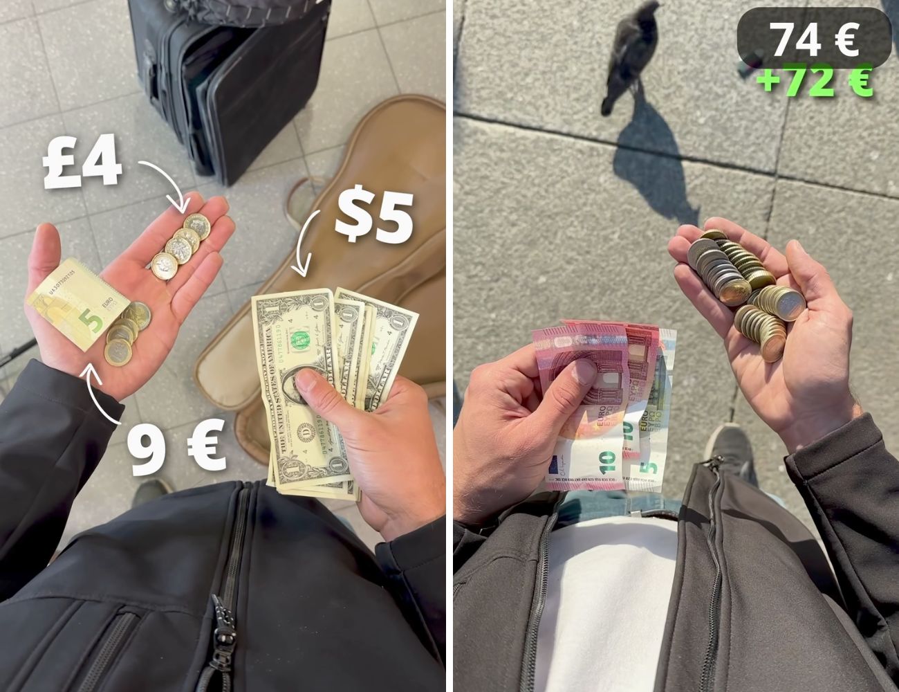 A sinistra i soldi raccolti all'aeroporto di Malpensa, a destra quelli raccolti dopo aver suonato per alcune ore a piazza della Scala a Milano.