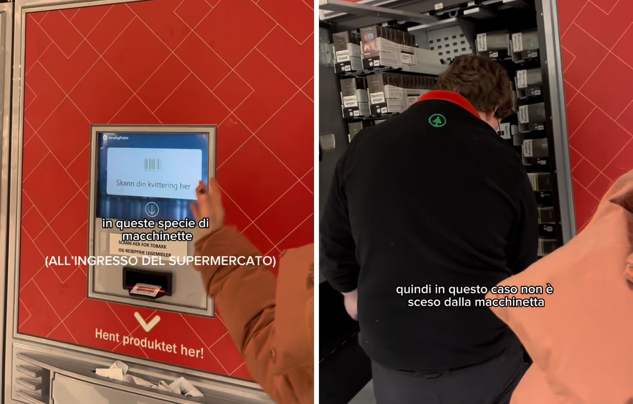 A sinistra il lettore del codice a barre per le sigarette, a destra il dipendente del supermercato che risolve un malfunzionamento della macchina.
