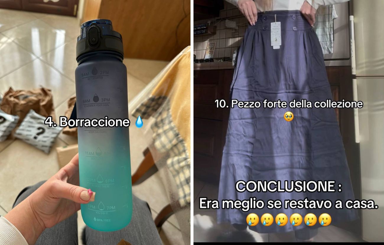 Gli unici due oggetti "buoni" trovati nei pacchi smarriti: una borraccia da 2 litri e una gonna lunga, che l'autrice del carosello definisce "il pezzo forte".