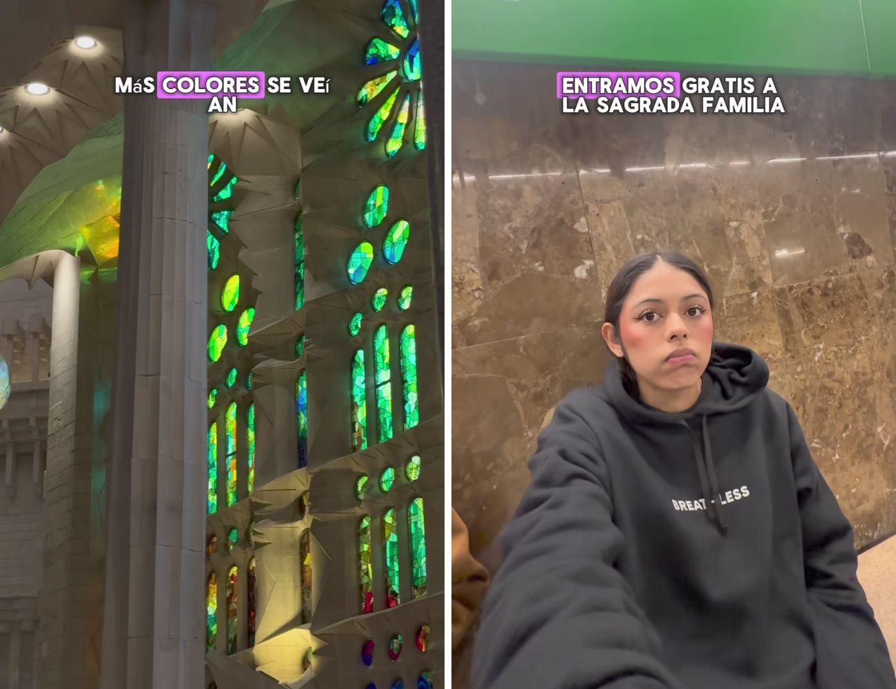 A sinistra le spettacolari vetrate della Sagrada Familia, a destra Isabel che prende la metropolitana alle 5:30 del mattino