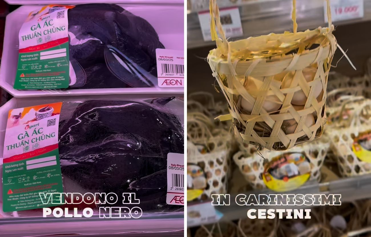 A sinistra il petto di pollo nero, a destra le uova in cestini di vimini: due particolarità dei supermercati del Vietnam.