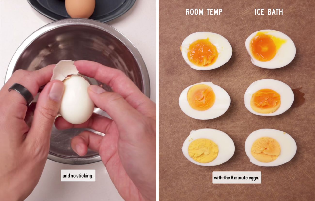 Come si può vedere dall'immagine a sinistra, il tuorlo delle uova bollite per più di 8 minuti sono pressoché identiche, a prescindere dal bagno di ghiaccio