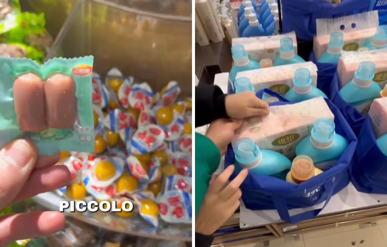 A sinistra i mini wurstel, a destra i pacchi regalo cinesi con ammorbidenti e prodotti per la pulizia della casa.