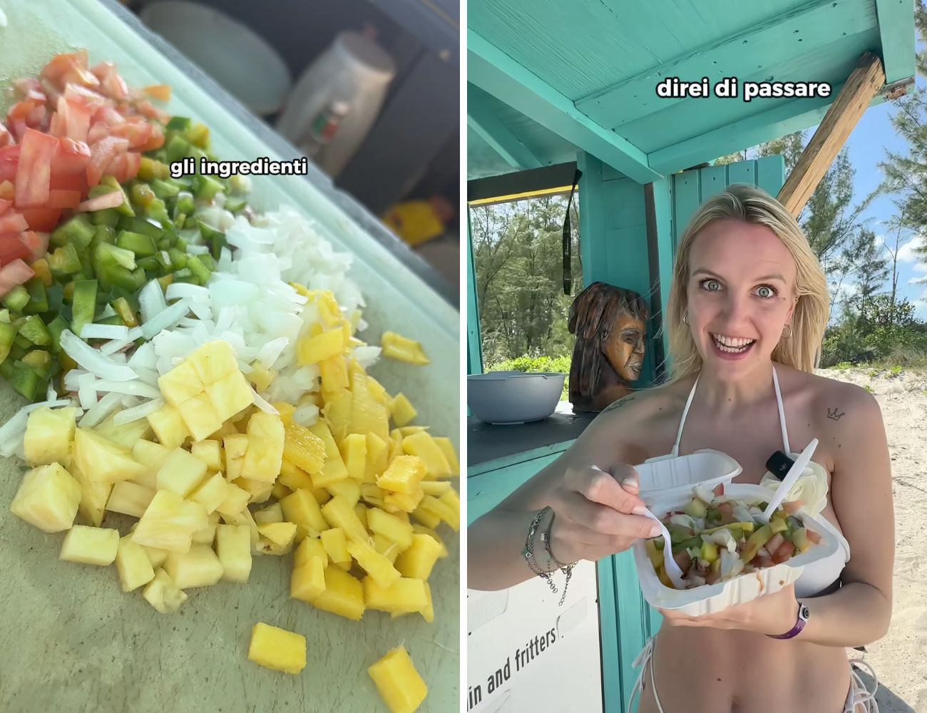 A sinistra gli ingredienti della Conch Salad, il piatto tipico delle Bahamas, a destra l'autrice del video poco prima di assaggiarlo.