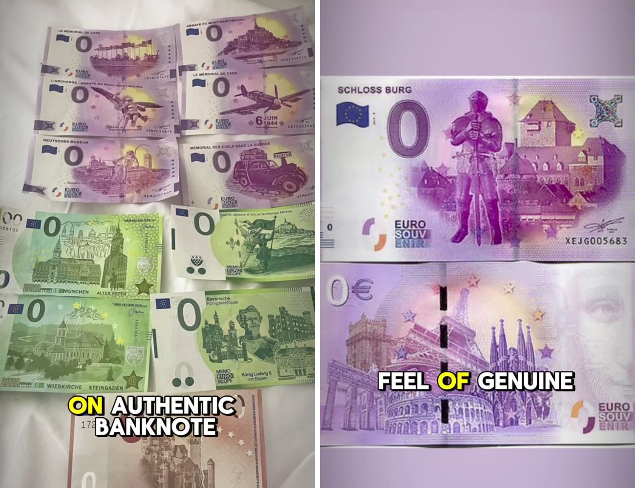 Alcune delle banconote da 0€ emesse dalla BCE negli ultimi dieci anni