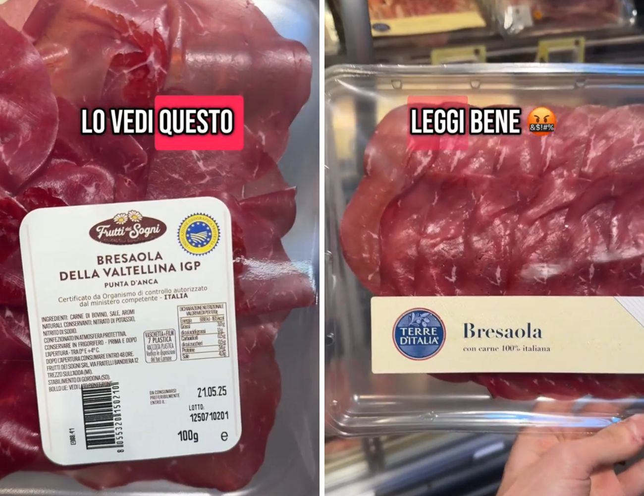 A sinistra una bresaola Valtellina IGP (solo il processo di lavorazione è stato realizzato in Italia), a destra una bresaola con carne 100% italiana. Credits: RickTok 