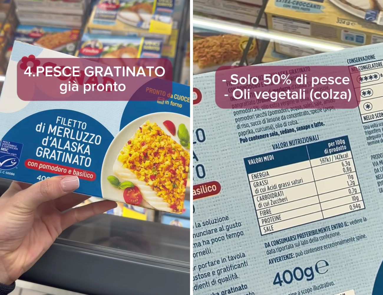 Uno dei cibi che la futura dietista non compra mai per sé al supermercato sono i filetti di pesce impanati: la lista ingredienti mostra diversi nutrienti che lei preferisce non assimilare.