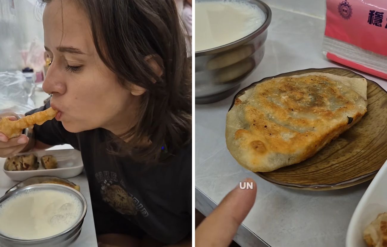 A sinistra il pane fritto inzuppato nel latte di soia, a destra il raviolo schiacciato.