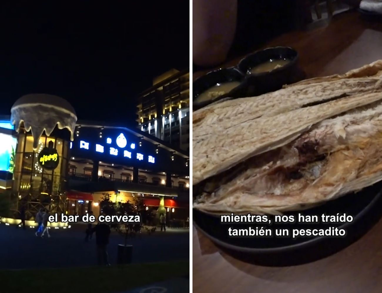 La birreria nordcoreana dall'esterno e lo snack di pesce che viene portato per accompagnare la birra.