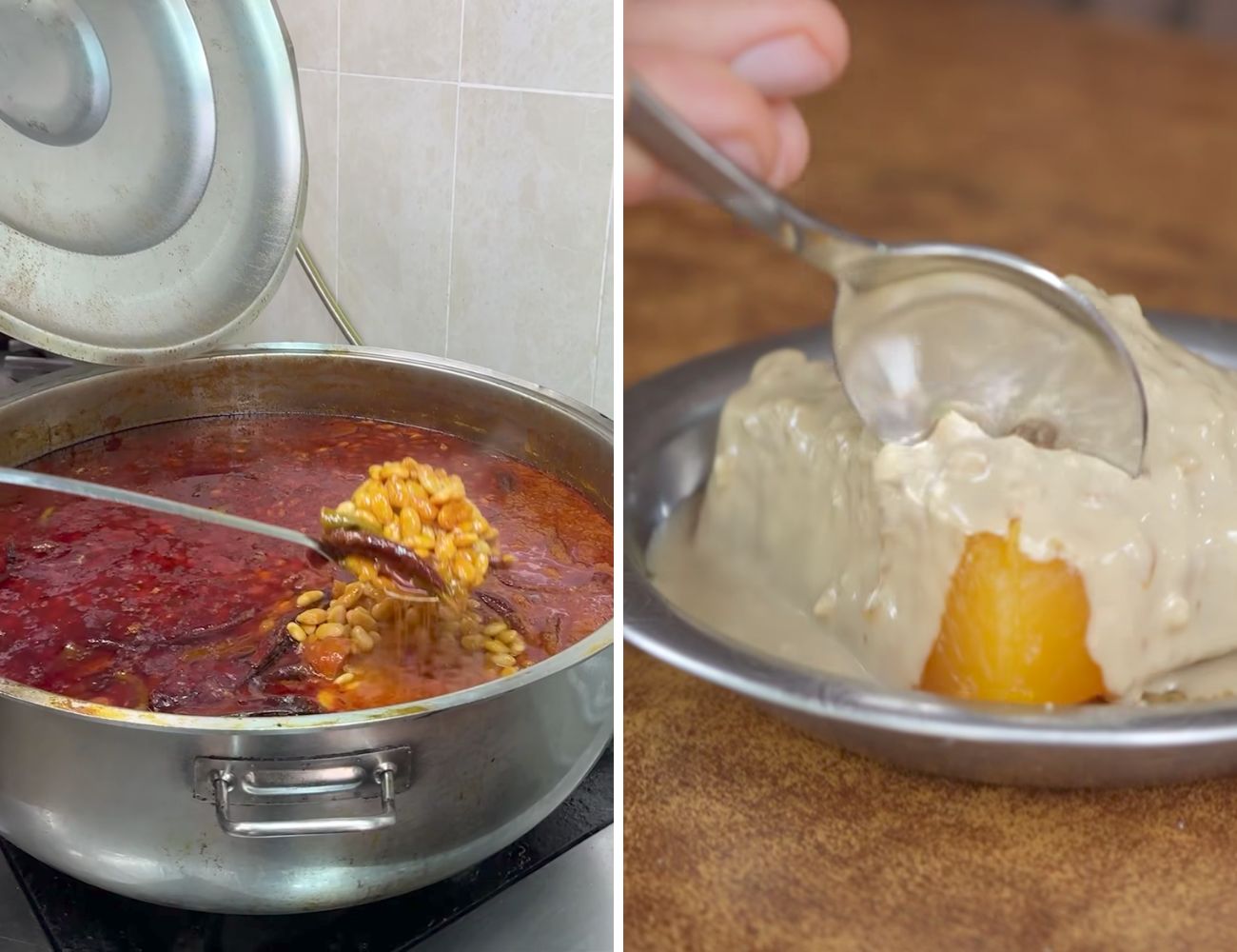 Due piatti super tradizionali della Turchia: zuppa di fagioli e cipolle e dolce alla zucca con tahini e mandorle.