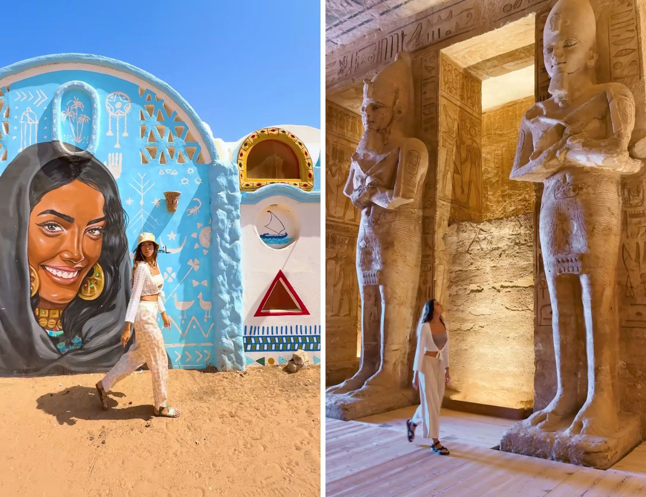 Due momenti della vacanza in Egitto, tra edifici colorati e templi antichissimi. Credits: catchagypsea - Instagram
