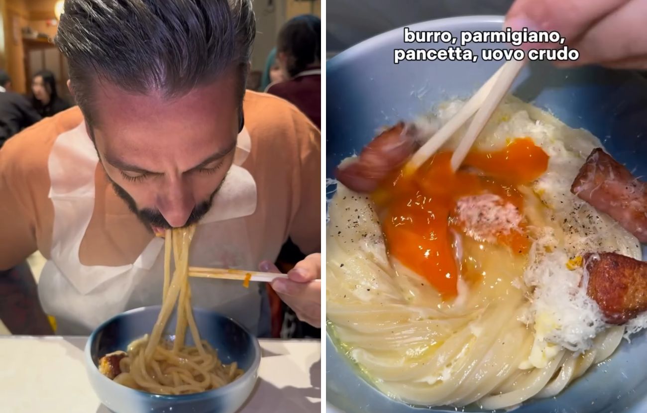 La carbonara giapponese (a destra) e Andrea Giuffrida che la mangia in stile ramen.