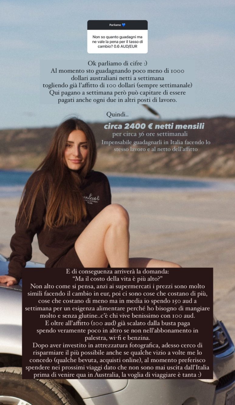 Alessia Sodi ha precisato di guadagnare circa 2400€ netti al mese come addetta alle pulizie a Kangaroo Island, in Australia.