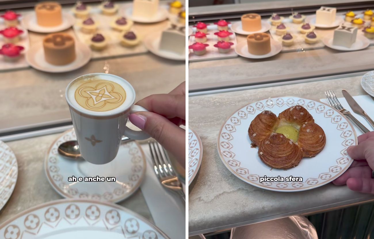 A sinistra il caffe macchiato griffato Louis Vuitton, a destra lo sfogliato con crema nel Café di Milano.