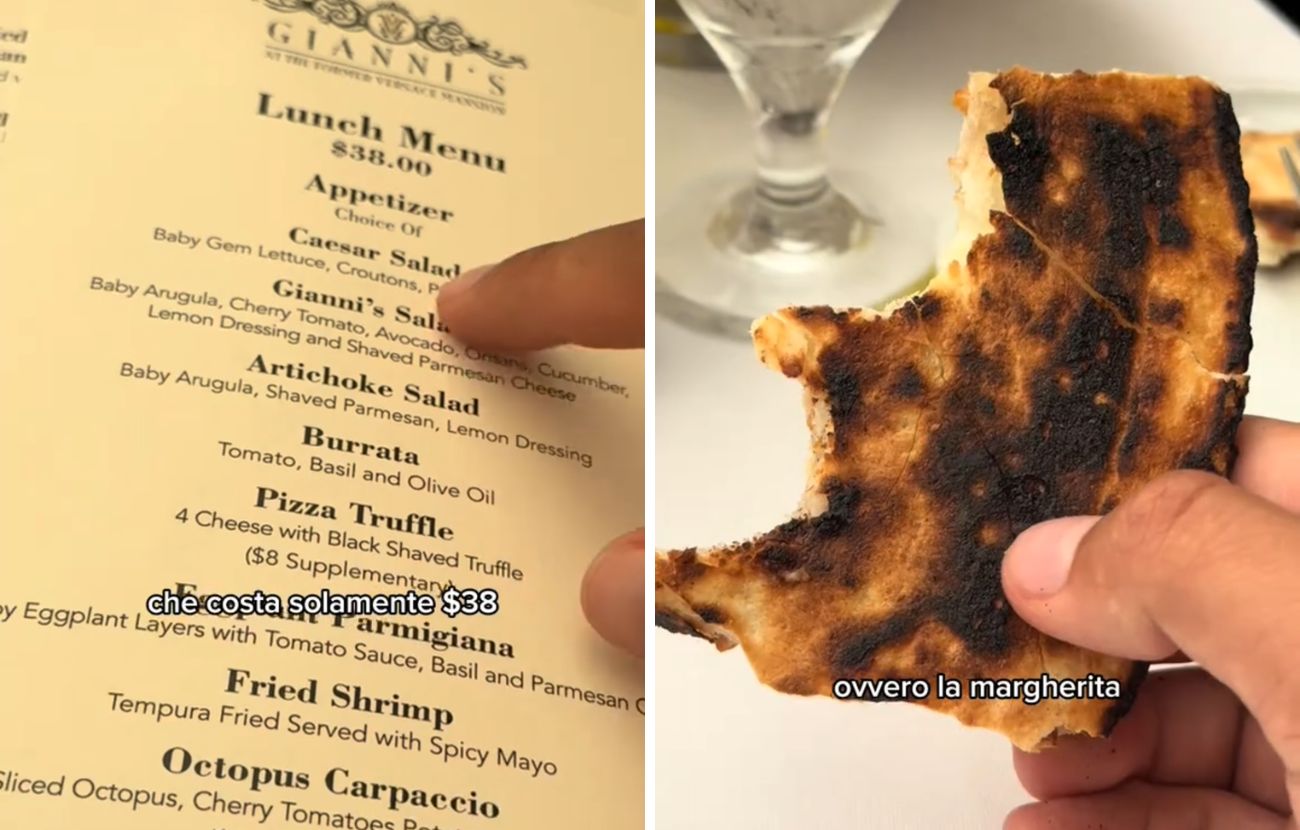 A sinistra una parte del menù del ristorante omaggio a Gianni Versace, a destra la parte inferiore della pizza al tartufo.