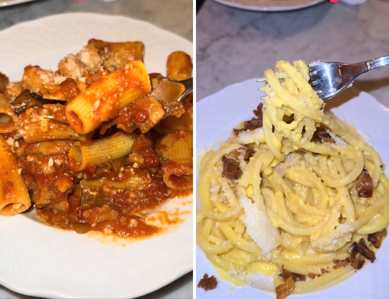 A sinistra l'Amatriciana, a destra la Carbonara di Max Mariola.