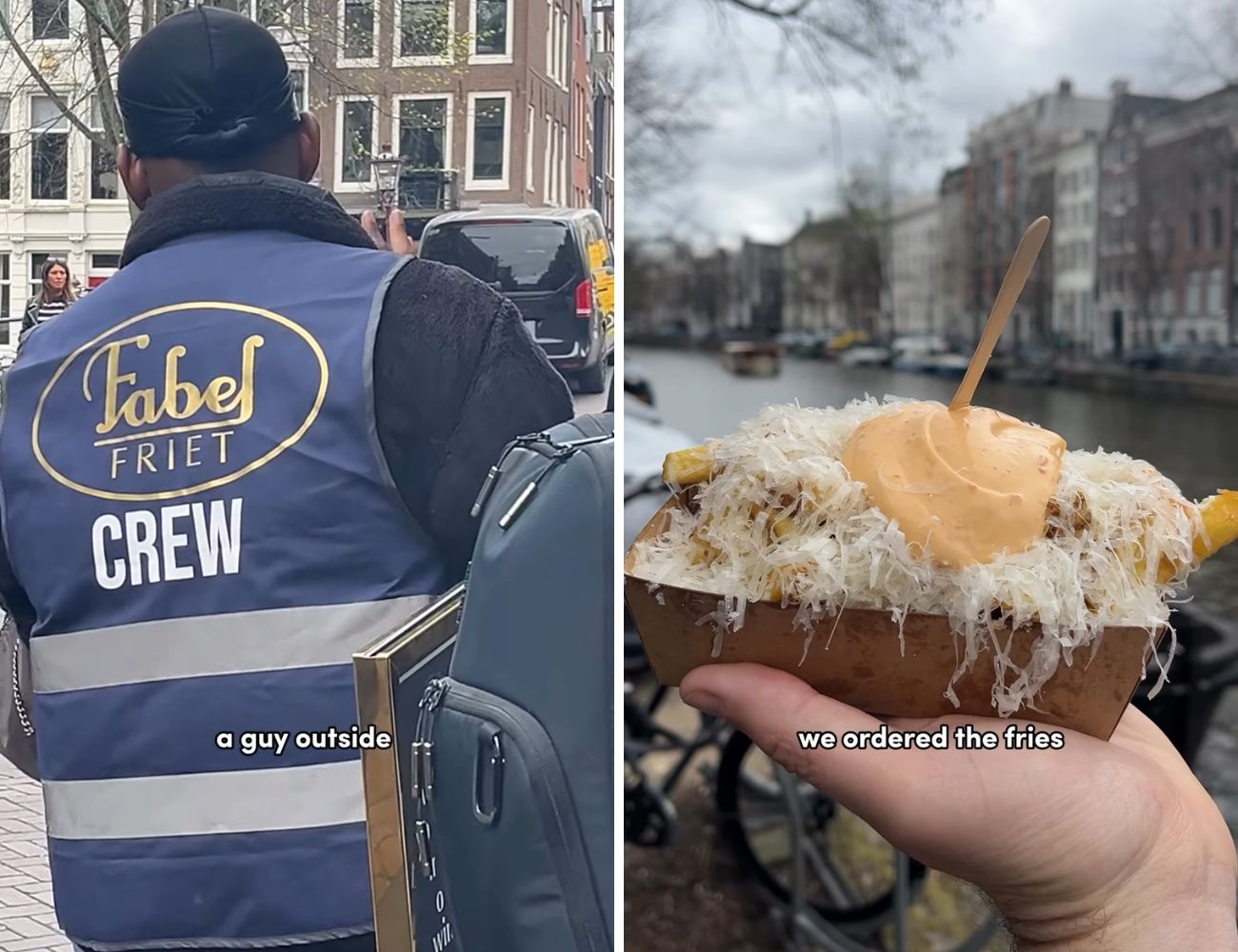 A sinistra l'addetto alla sicurezza che gestisce la fila negli orari di punta, a destra le patate fritte con Parmigiano e maionese piccante ordinate dalla coppia.