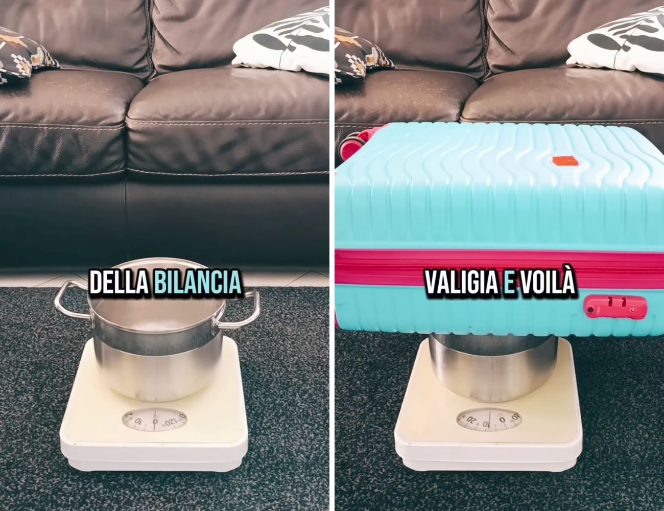 Il trucco dela pentola è perfetto per pesare la valigia usando solo la bilancia pesapersone.