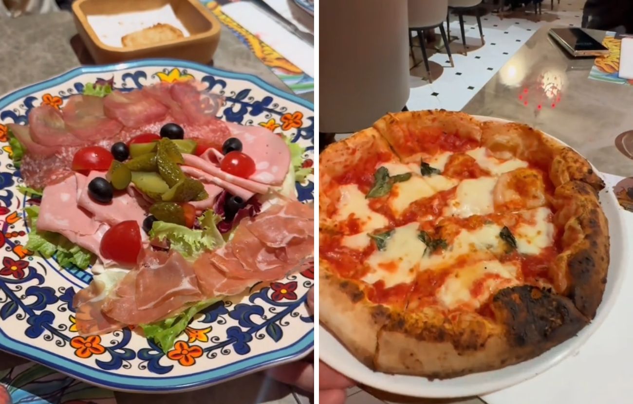 A sinistra l'antipasto di affettati misti, a destra la pizza Margherita: un angolo di Italia in Cina.