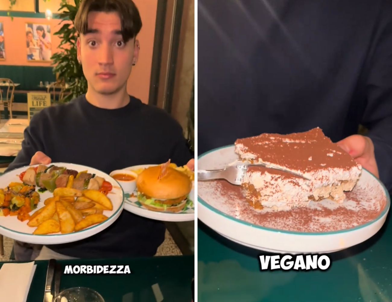 A sinistra il Burger al pollo vegano e gli spiedini di finta carne, a destra il Tiramisù fatto con i Lotus.