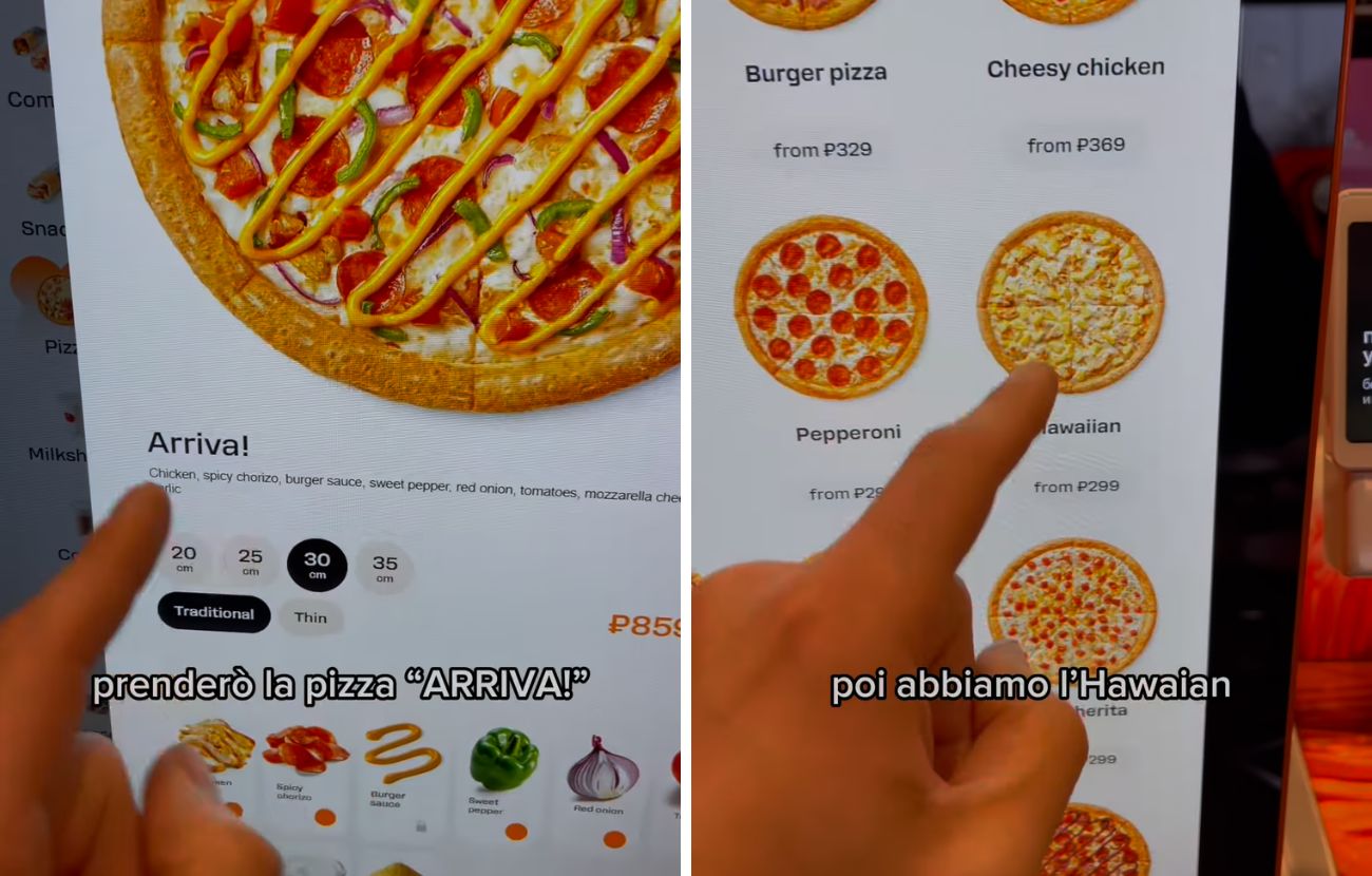 Due esempi di pizza in Russia: a sinistra quella che ha ordinato Di Giacinto, a destra una 'Hawaian' con pollo al posto del prosciutto.