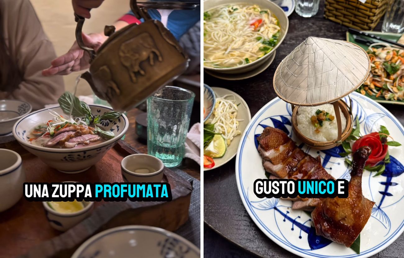 A sinistra il Pho, a destra l'anatra al barbecue, due piatti tipici del Vietnam.