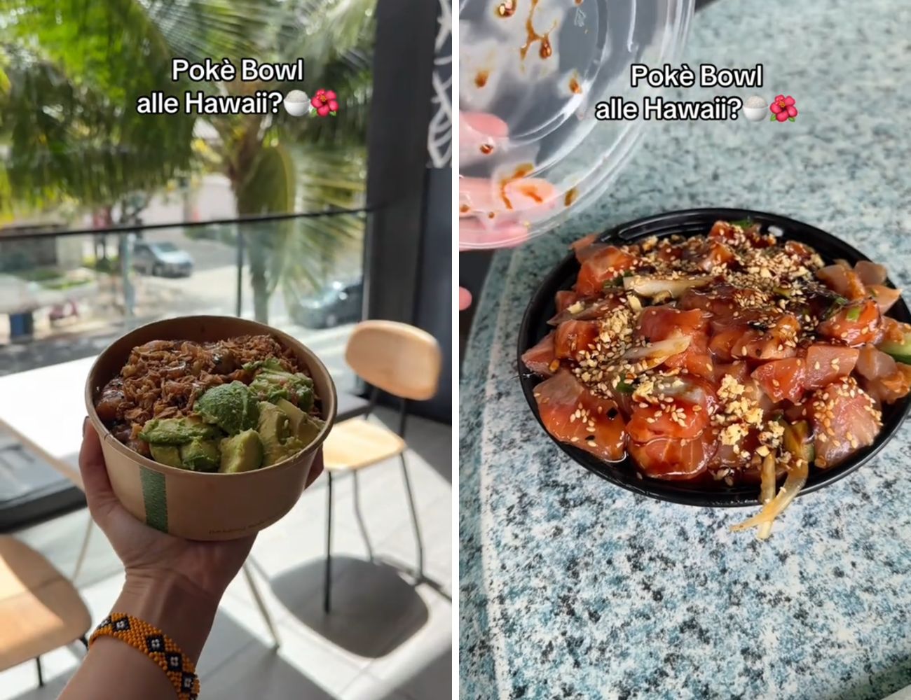 Due Poke Bowl ordinate dalla content creator durante il suo viaggio alle Hawaii.