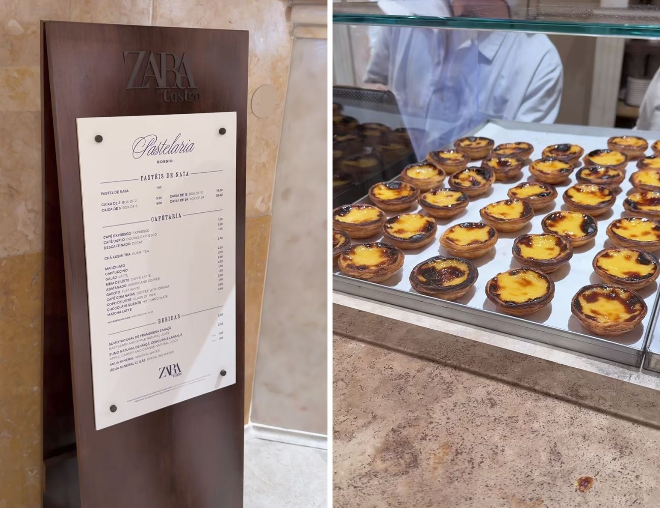 A sinistra il menù del bar di Zara di Lisbona, a destra i pasteis de nata.