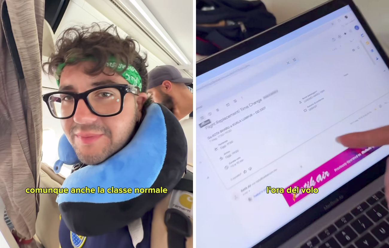 Due momenti del video: quando Tripi è a bordo e quando riceve la mail (poi smentita) che annuncia la cancellazione del volo.