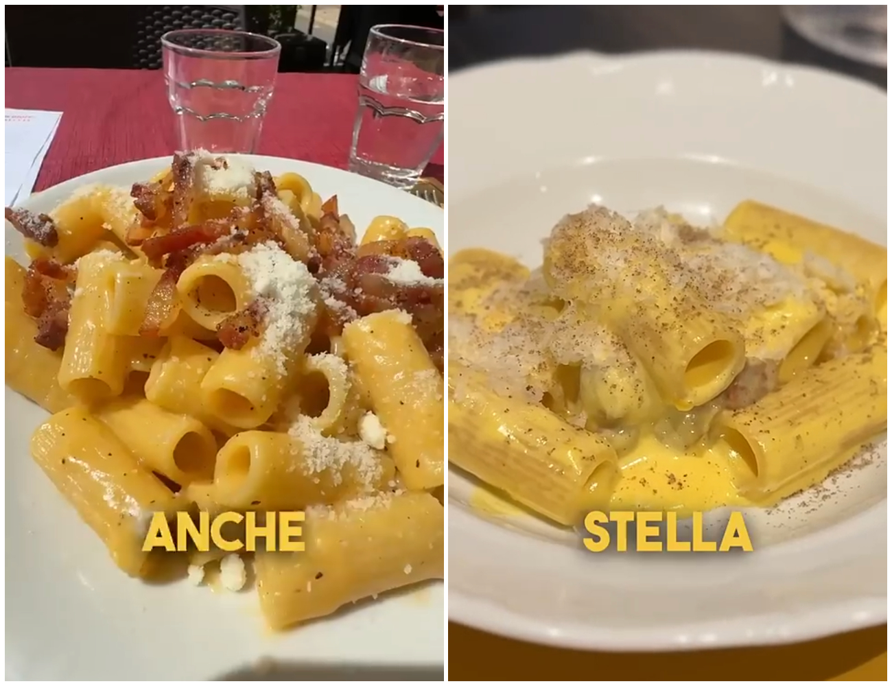 A sinistra la carbonara preparata dalla trattoria, a destra quella del ristorante stellato.