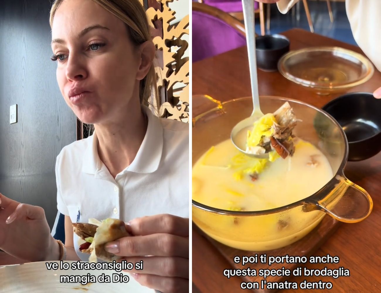 A sinistra l'anatra alla pechinese, a destra quella in brodo che non l'ha convinta.