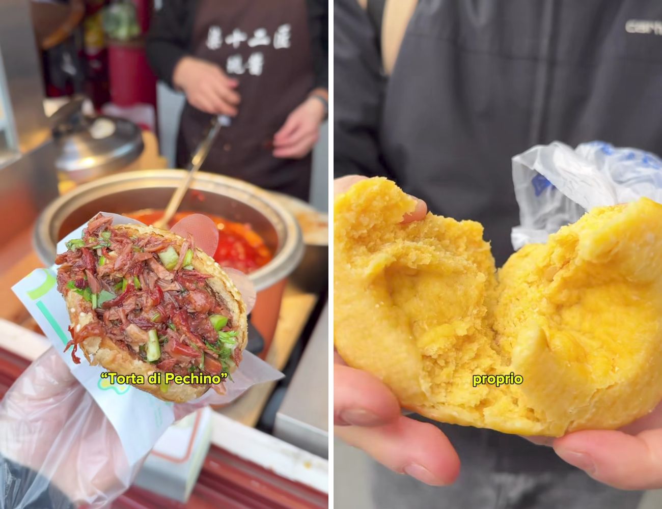 A sinistra la torta di Pechino, a destra il finto arancino.