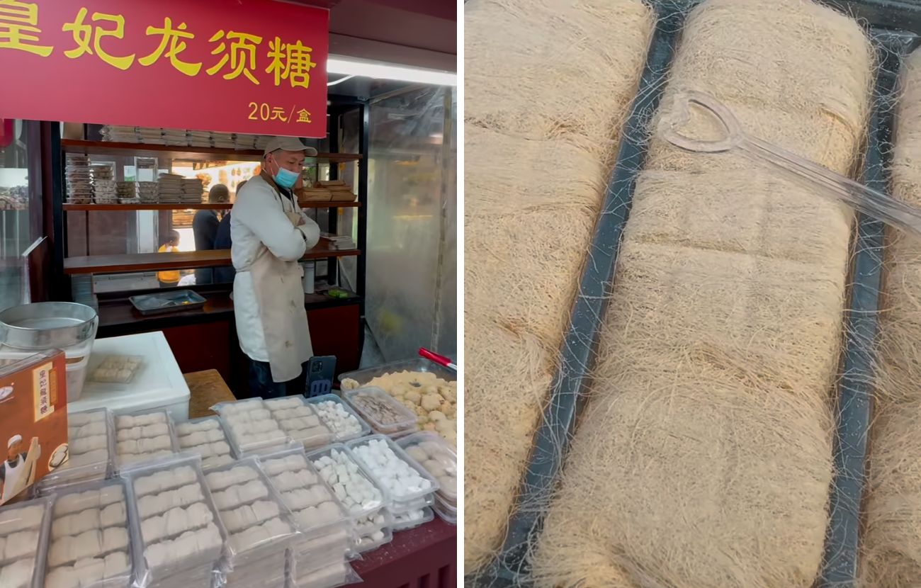 A sinistra il venditore che prepara la barba di drago, a destra il dolce visto da molto vicino.