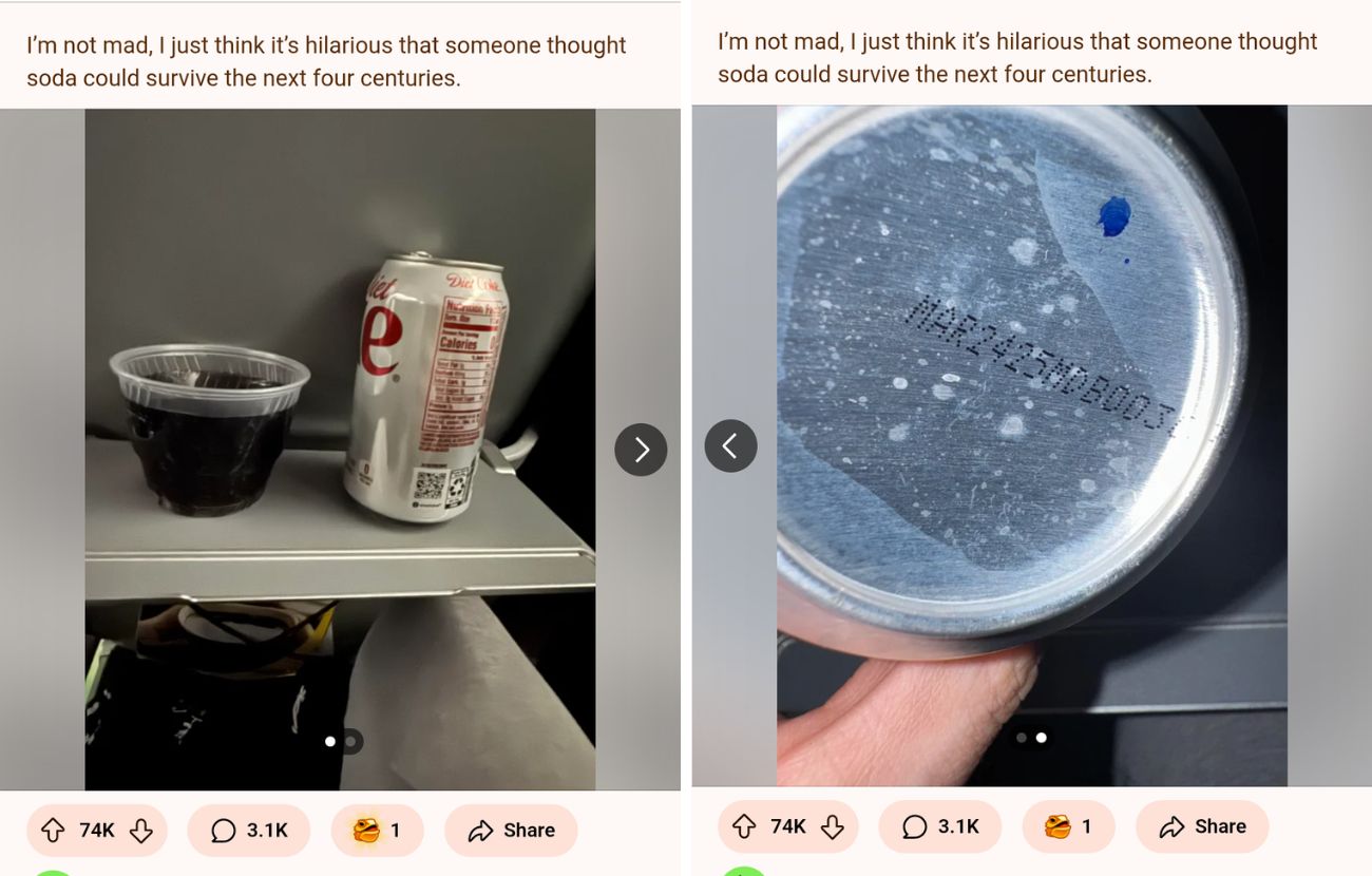 La Coca-Cola servita in aereo scadeva nel 2425 (è chiaramente un errore)