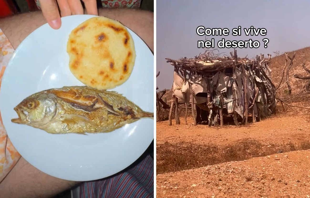 A sinistra un pasto 'completo', a destra un'abitazione di fortuna nel deserto della Colombia.
