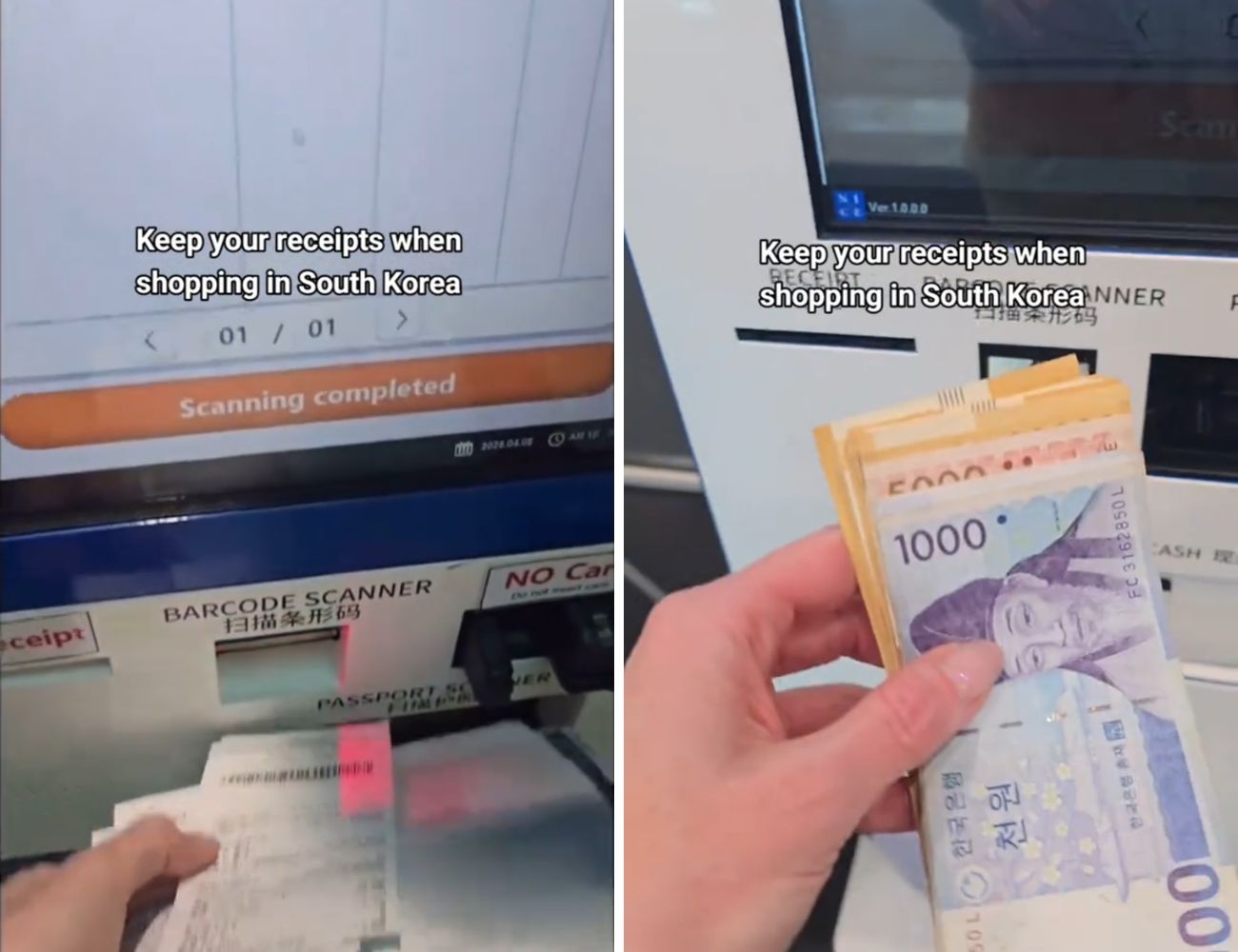 L'invito della tiktoker è quello di conservare gli scontrini quando si fa shopping in Corea del Sud: all'aeroporto si ottiene un rimborso sui prodotti nuovi 'Tax Free'.