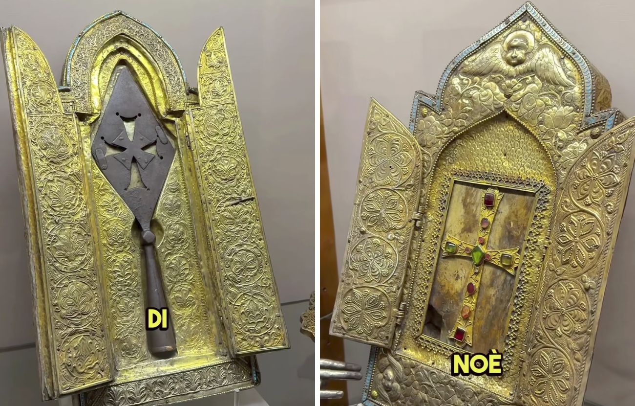 A sinistra la lancia che avrebbe trafitto il costato di Gesù Cristo, a destra presunti frammenti dell'arca di Noè: due reliquie fondamentali per il Cristianesimo.