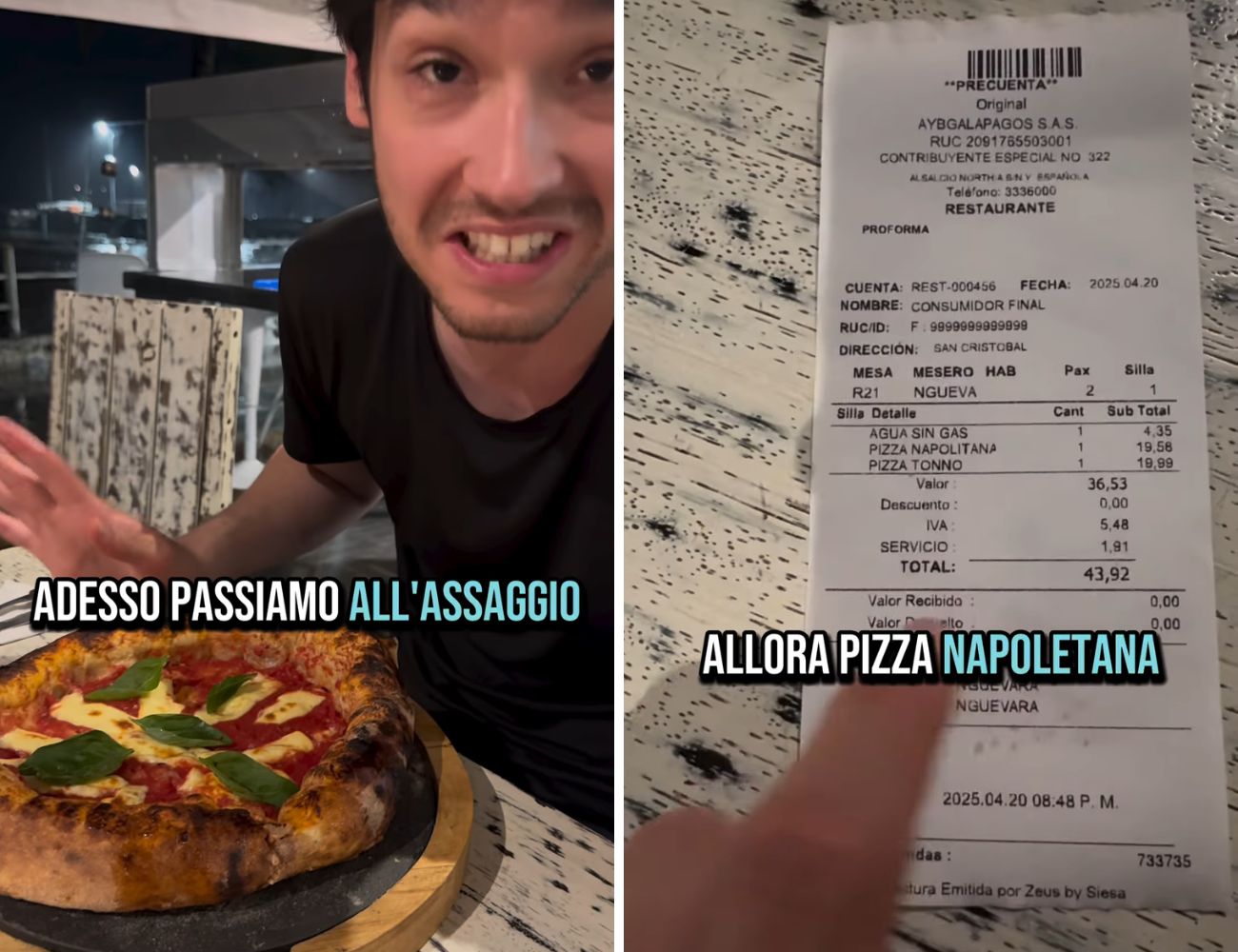 A sinistra la pizza napoletana, a destra lo scontrino (gli importi sono in dollari americani: oggi 1€ equivale a 0.88$