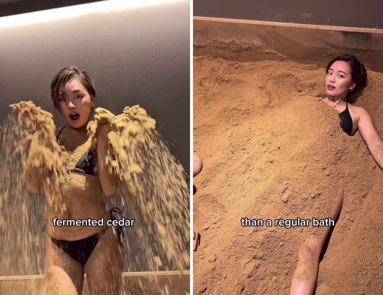 Due momenti in cui la influencer si sottopone al trattamento di bellezza 'fermentato'