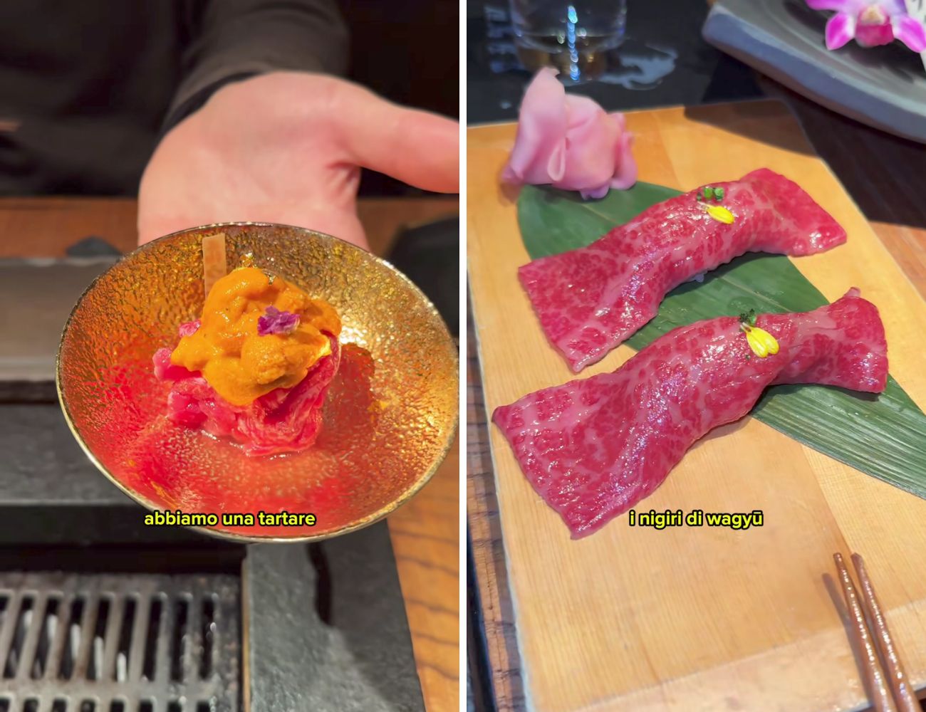 Due piatti particolari dell'esperienza del content creator italiano: nigiri di Wagyu e tartare con riccio di mare.
