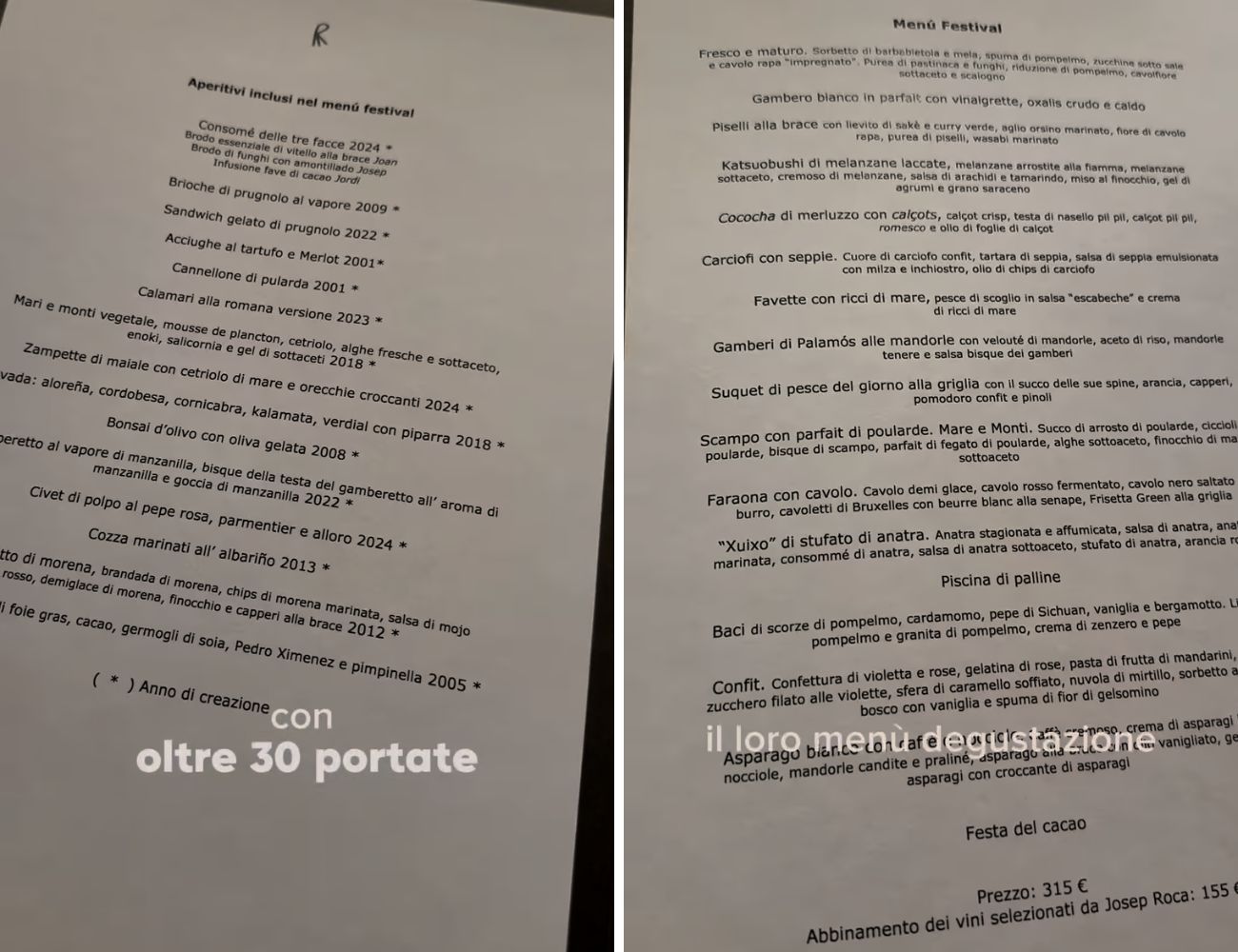 Il chilometrico menù del ristorante a 3 stelle Michelin visitato dalla nostra connazionale.