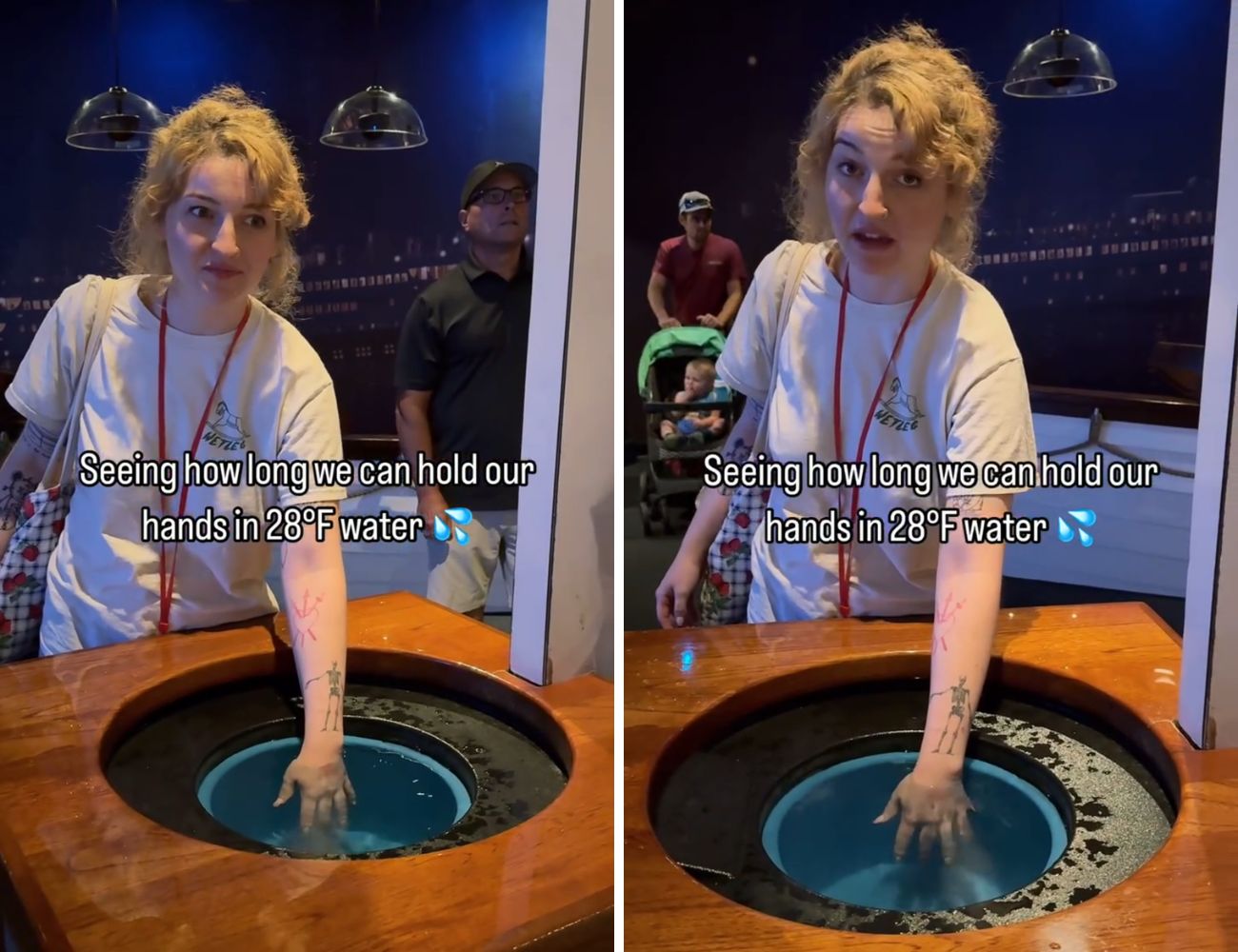 Diverse persone si 'sfidano' per stabilire chi riesce a tenere più a lungo le mani nell'acqua a -2 C° dov'è affondato il Titanic.