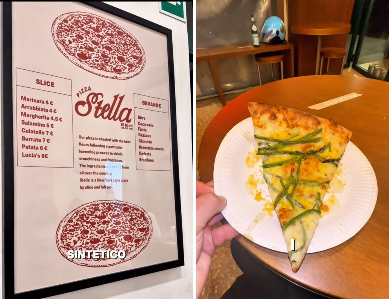 A sinistra il menù con i prezzi delle slice, a destra quella speciale con asparagi e bottarga.