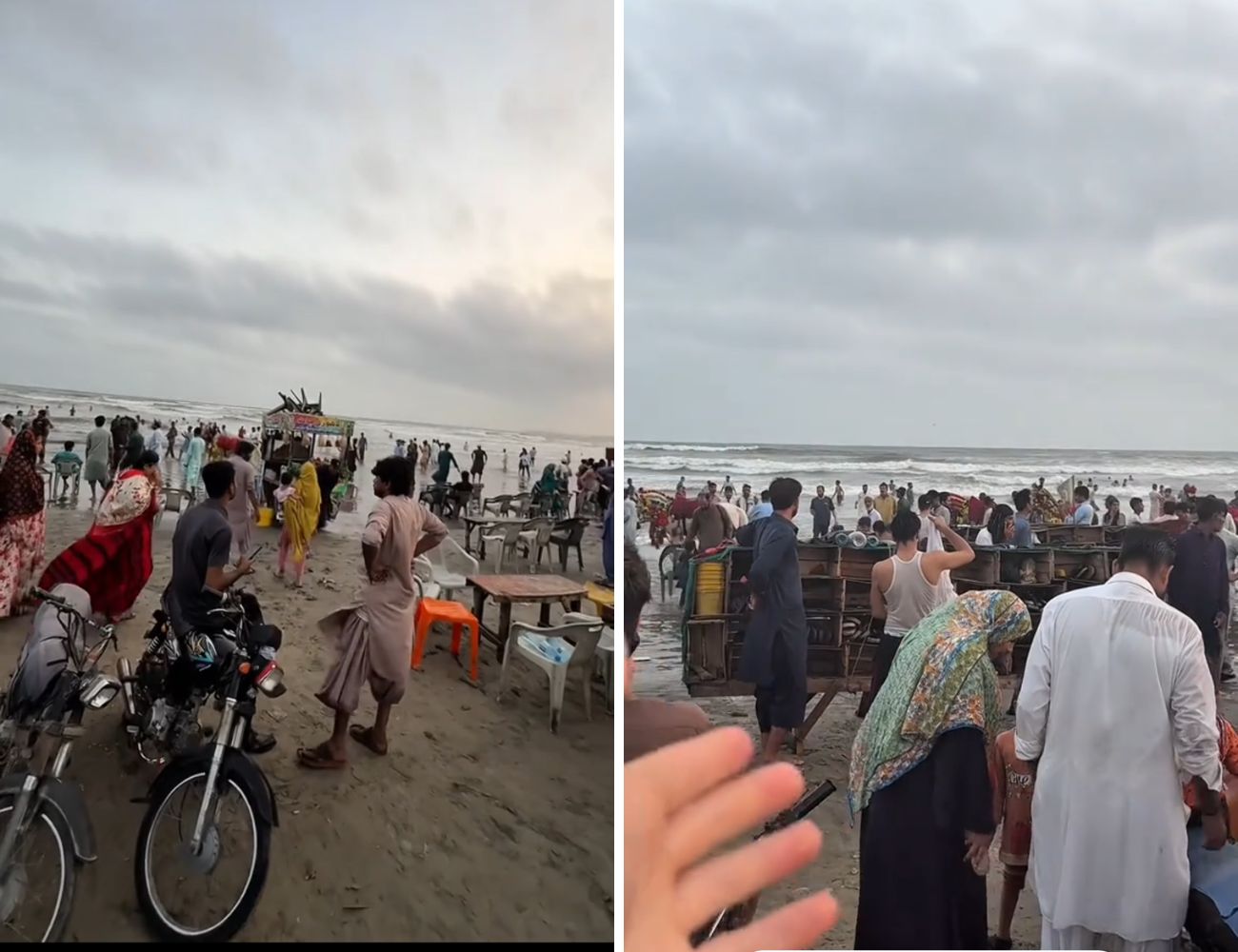 Due diapositive dalla spiaggia pakistana: auto e moto parcheggiate sulla sabbia e un 'armadietto' mobile.