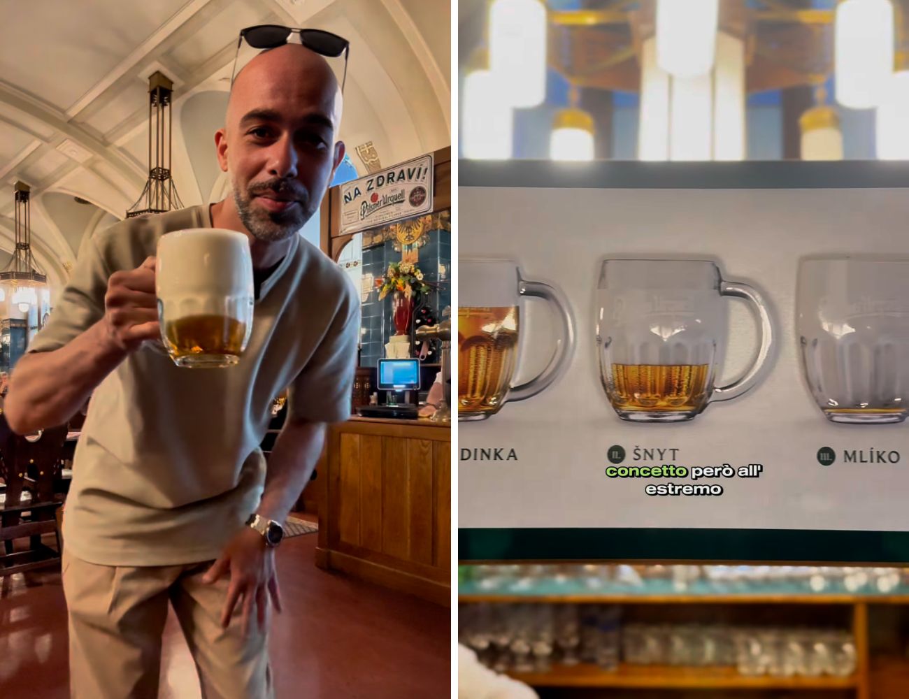 A sinistra il calice con il 90% di schiuma, a destra il cartello della birreria di Praga che mostra lo stile "Mliko"