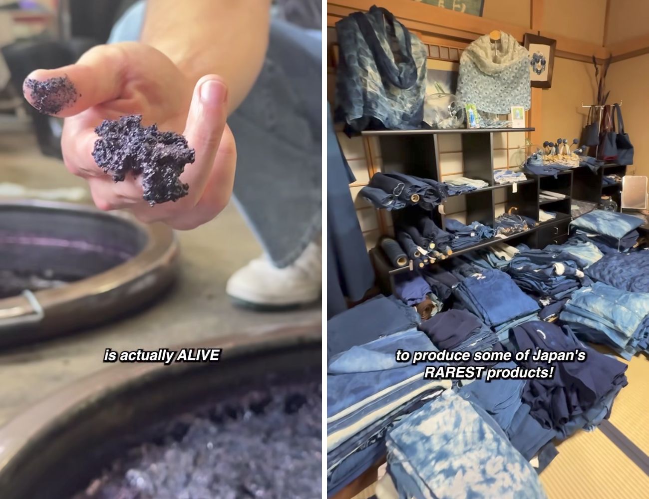 A sinistra la 'pasta' che conferisce il colore blu indaco, a destra alcuni capi di abbigliamento prodotti con questa tecnica nata nel settimo secolo dopo Cristo.