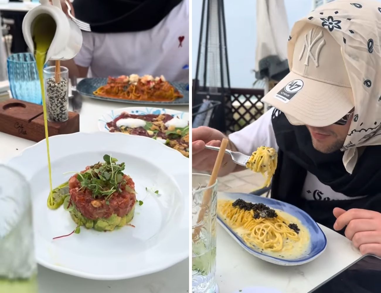A sinistra la tartare di tonno con guacamole, a destra lo spaghetto con caviale e limone.