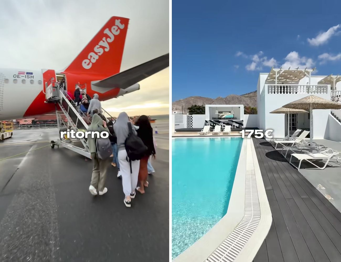 A sinistra la partenza in una grigia Malpensa, a destra la villa con piscina dove hanno dormito a Santorini