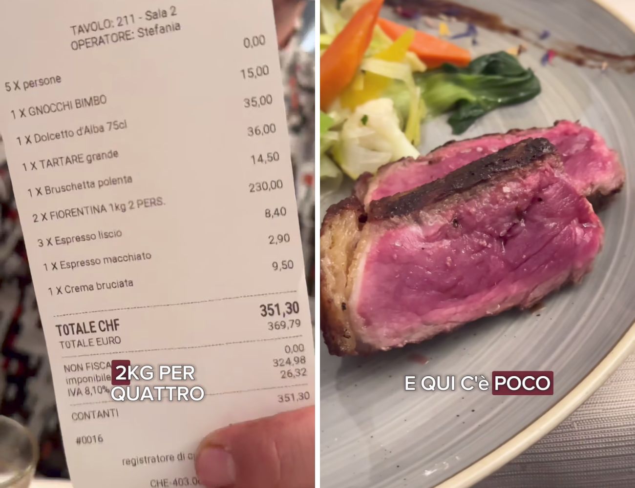 Lo scontrino e la cottura della Fiorentina a Locarno (Svizzera)